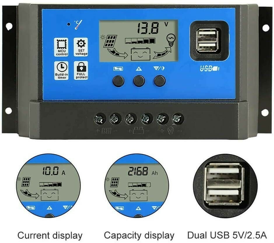 60 Amps Regulateur Panneau Solaire Dual USB PWM Solar Charge Controller 60A  12V/24V Auto Adjustable