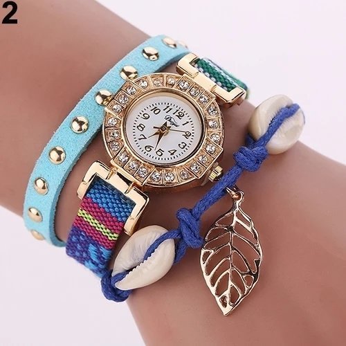 Montre Bracelet BLEU - Women Rivet Leaf Shell Braided Faux Leather Band Quartz Wrist Watch