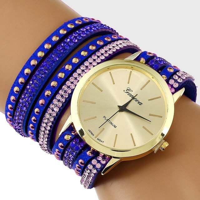 GENEVA BLUE LACE BUTTON WATCH BRACELET BLEU Bracelet Watches Faux Leather Band Wrap Bracelet Watch