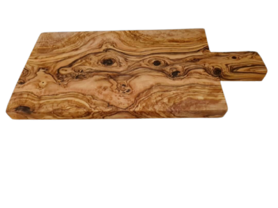 Planche à découper rectangulaire pratique en bois d'olivier artisanale (sans aucun traitement) dimensions 36cmx20cm avec une manche de 10cm