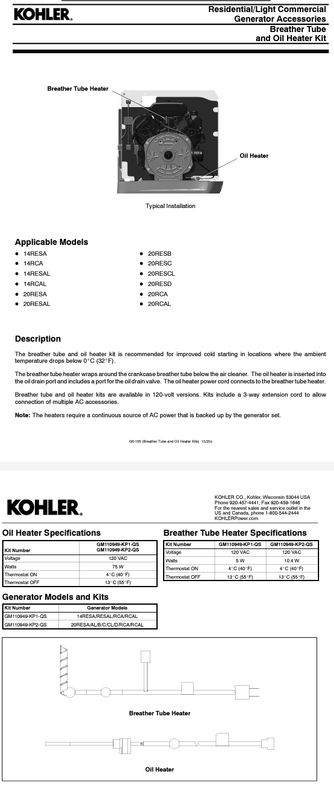 Kohler 20KW Crankcase Breather &amp; Oil Heater Combo