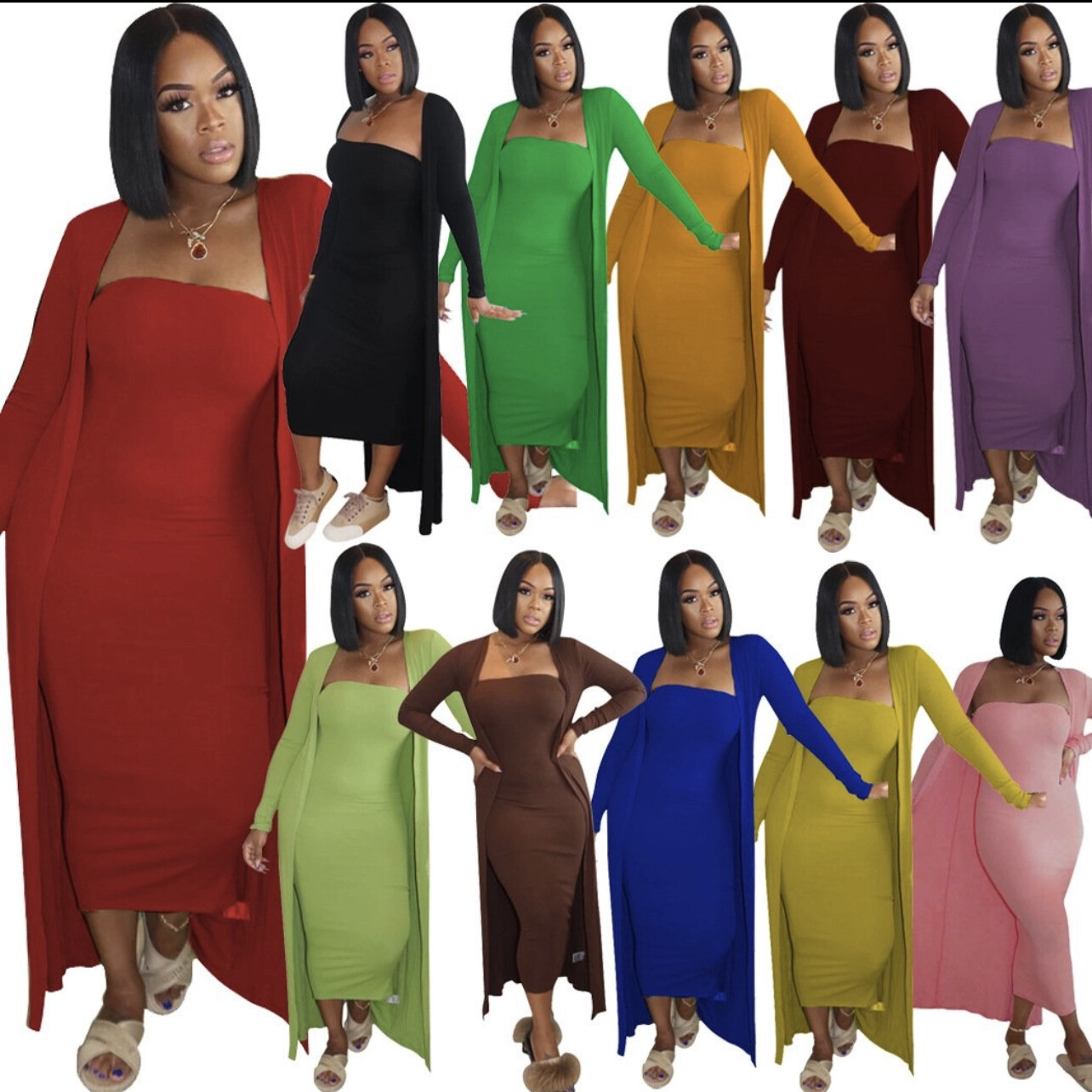 WOMEN SOLID OFF SHOULDER DRESS WITH DUSTER, Color: Red, Size: Small