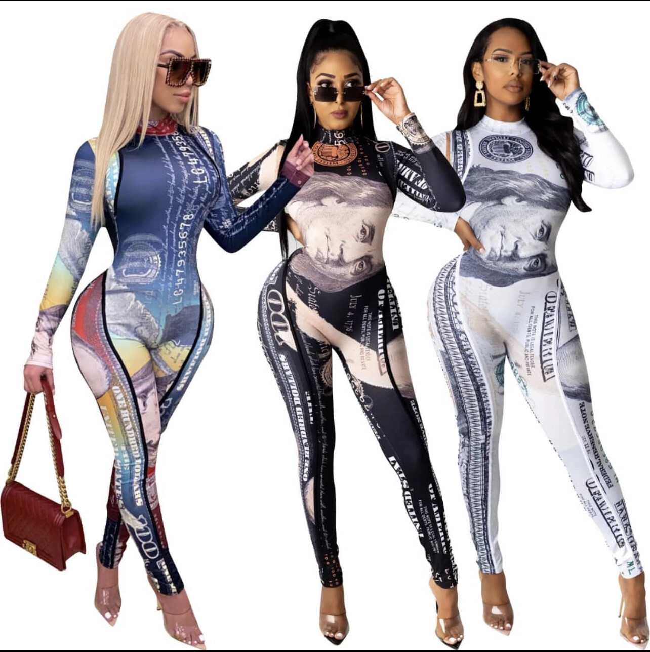 WOMEN LONG SLEEVE MONEY JUMPSUIT, Color: White, Size: Small