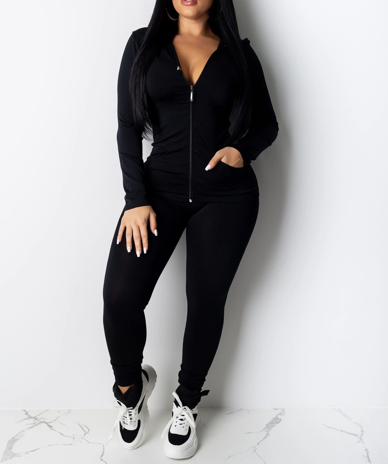 WOMEN&#39;S SOLID HOODIE LEGGINGS SET, Color: Black, Size: One Size