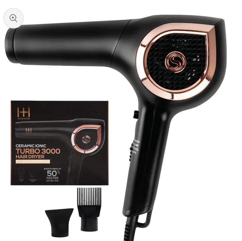 Hot &amp; Hotter Ceramic Ionic Turbo 3000 Hair Dryer, 1 Count, Black &amp; Rose Gold