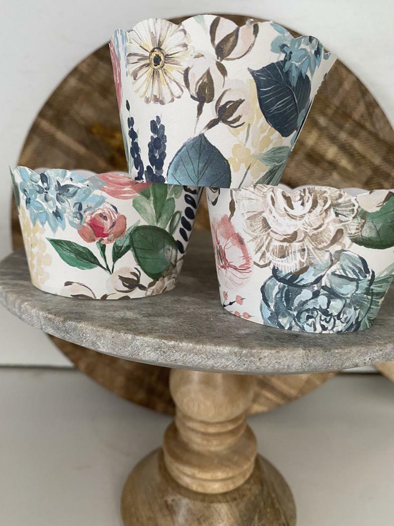 Blue Wedding, Rustic Cupcake Wrappers, Floral Cupcake Wrappers, Wedding Cupcake Wrappers,