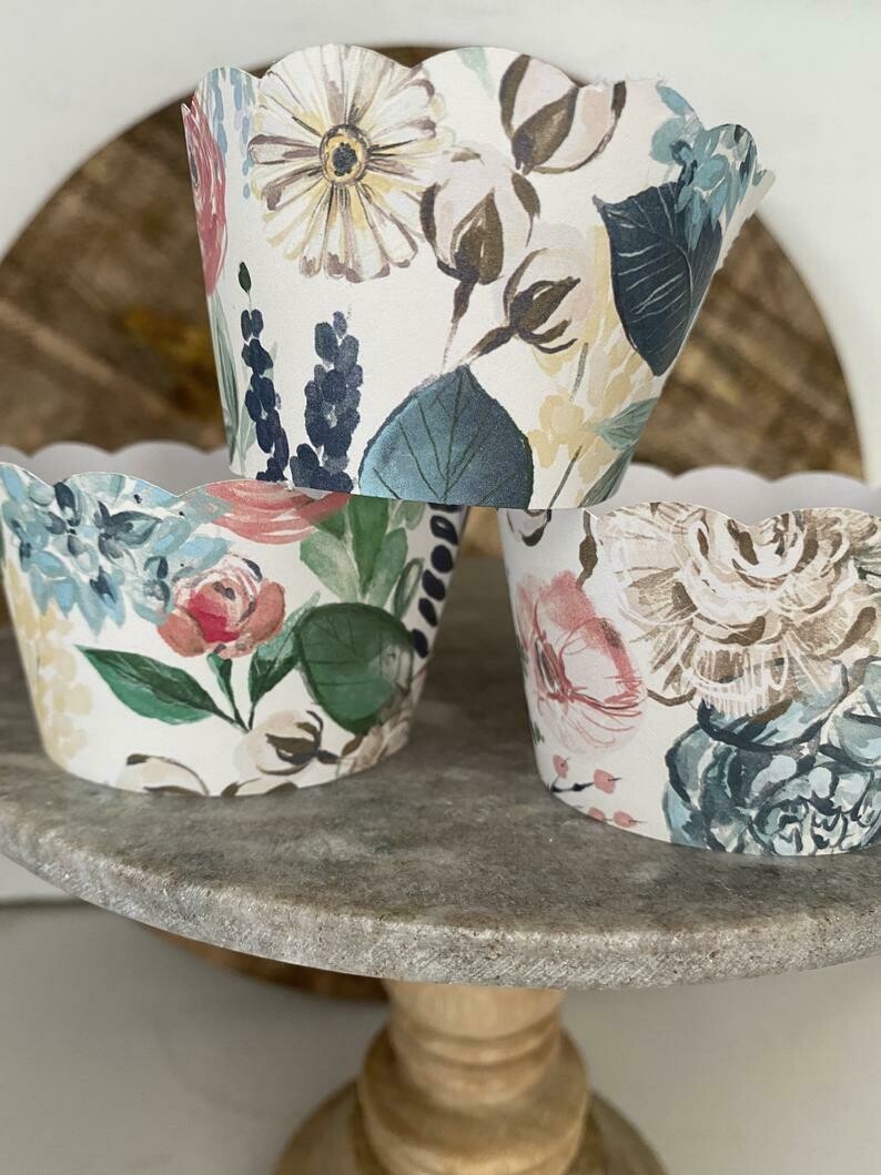 Blue Wedding, Rustic Cupcake Wrappers, Floral Cupcake Wrappers, Wedding Cupcake Wrappers,