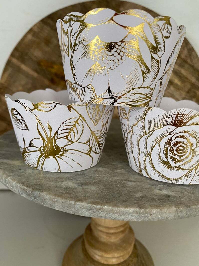 Gold Floral Wrappers, Rustic Cupcake Wrappers, Wedding Cupcake Wrappers, Birthday Cupcake Wrapper, Hessian, Boho,