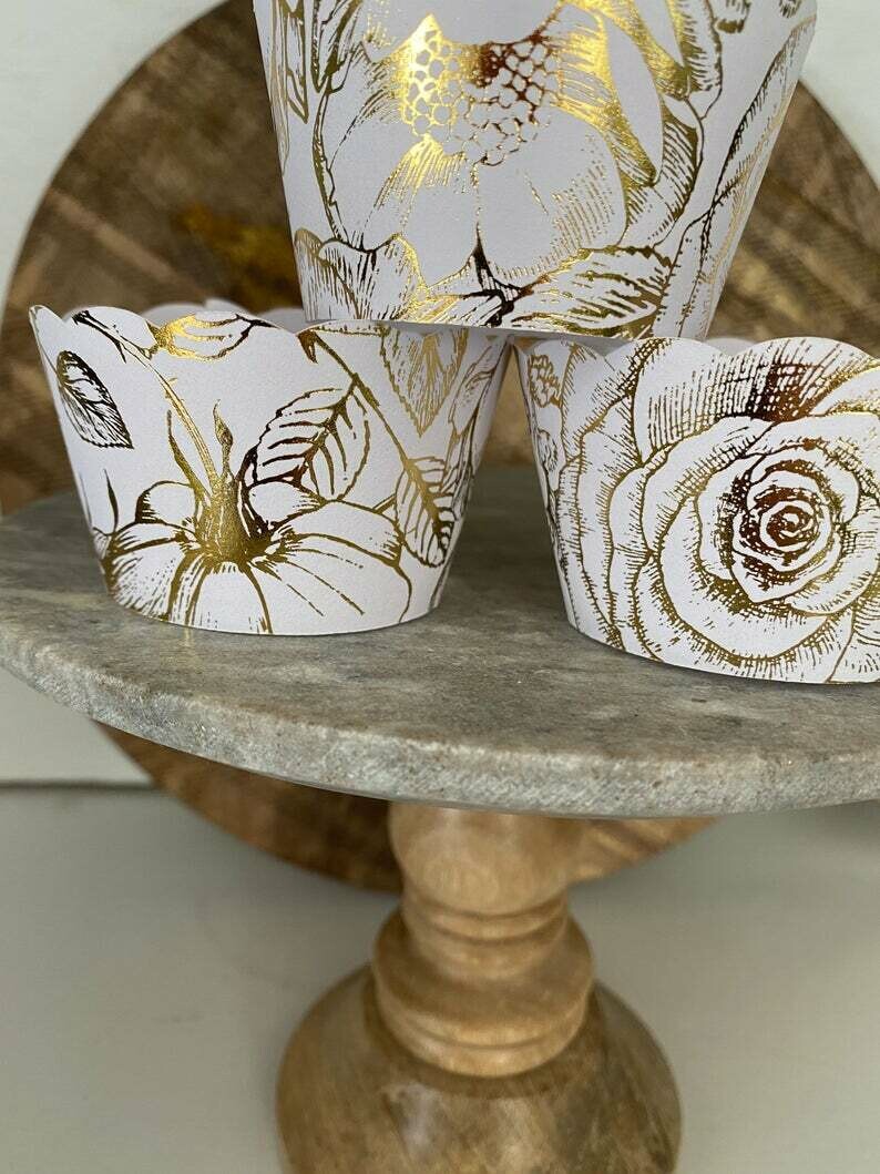 Gold Floral Wrappers, Rustic Cupcake Wrappers, Wedding Cupcake Wrappers, Birthday Cupcake Wrapper, Hessian, Boho,