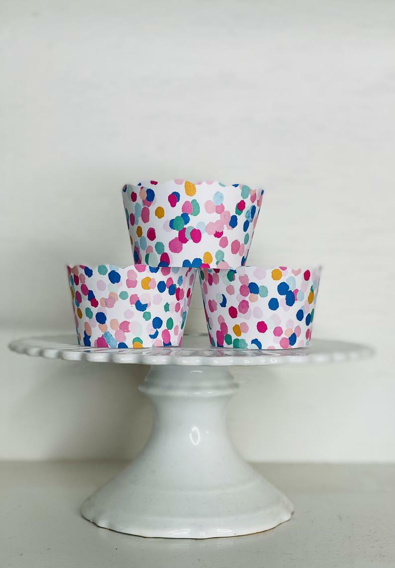 Multi-Color Confetti dot Cupcake Wrappers , Baby Shower Cupcake Wrappers, Wedding Cupcake Wrappers, Birthday Cupcake Wrapper, Hessian