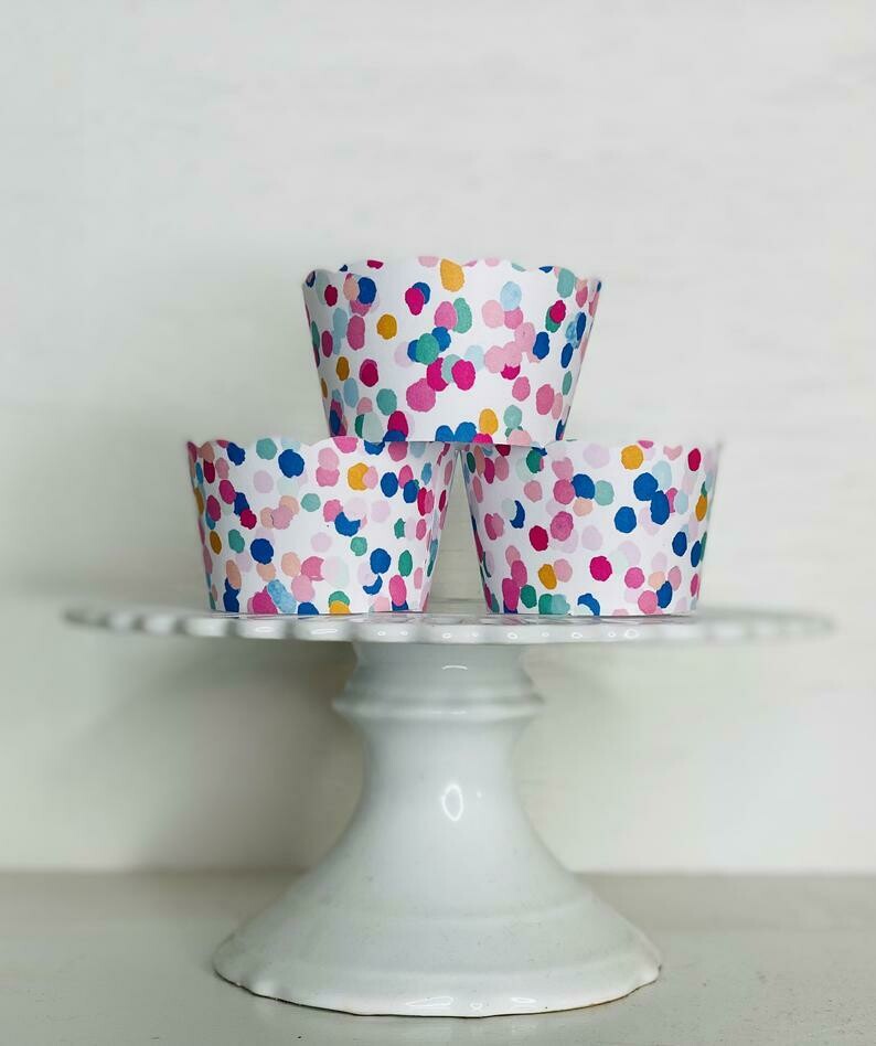 Multi-Color Confetti dot Cupcake Wrappers , Baby Shower Cupcake Wrappers, Wedding Cupcake Wrappers, Birthday Cupcake Wrapper, Hessian