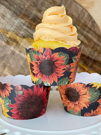 Fall Sunflower Wrappers , Rustic Cupcake Wrappers, Wedding Cupcake Wrappers, Birthday Cupcake Wrapper, Hessian