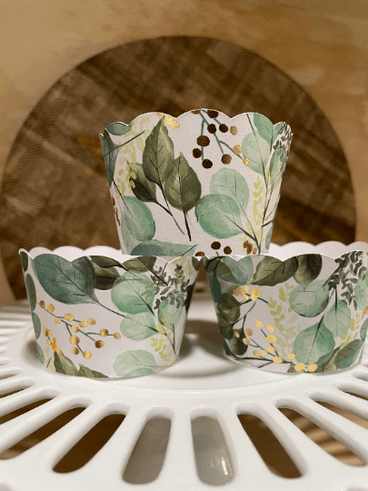 New Eucalyptus with gold foil accents Wrappers , Rustic Cupcake Wrappers, Wedding Cupcake Wrappers, Birthday Cupcake Wrapper, Hessian