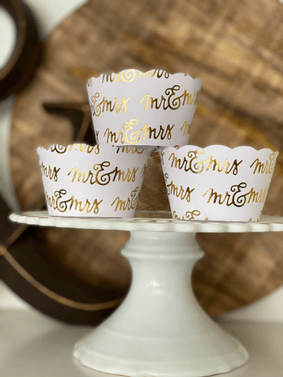 White and Gold Mr. & Mrs. Wrappers , Engagement Cupcake Wrappers, Wedding Cupcake Wrappers, Save the date Cupcake Wrapper, Trending wedding,