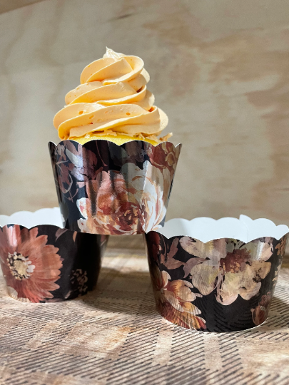 Black Floral Sepia Wrappers , Rustic Cupcake Wrappers, Wedding Cupcake Wrappers, Birthday Cupcake Wrapper, Hessian