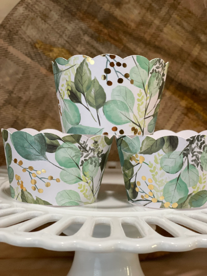 New Eucalyptus with gold foil accents Wrappers, Rustic Cupcake Wrappers, Wedding Cupcake Wrappers, Watercolor Cupcake Wrapper, Greenery