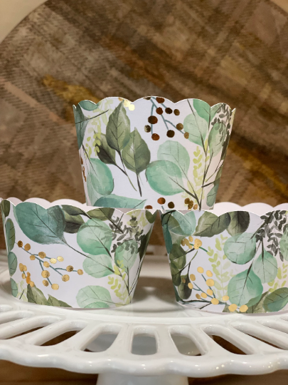 New Eucalyptus with gold foil accents Wrappers, Rustic Cupcake Wrappers, Wedding Cupcake Wrappers, Watercolor Cupcake Wrapper, Greenery
