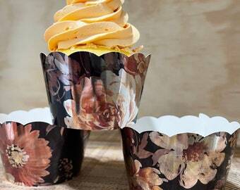 Black Floral Sepia Wrappers, Rustic Cupcake Wrappers, Wedding Cupcake Wrappers, Birthday Cupcake Wrapper, Hessian