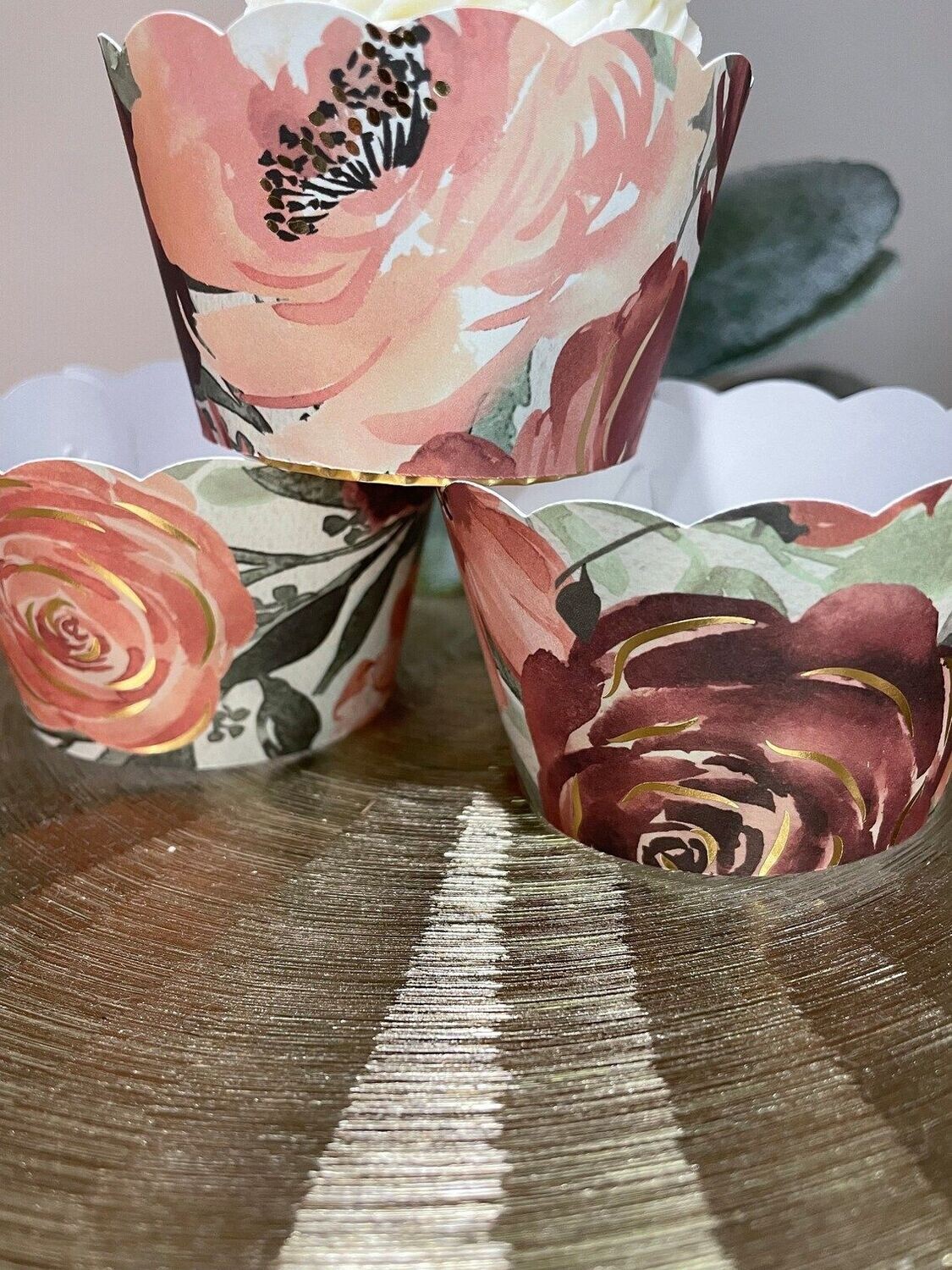Terracotta, Burgundy, Eucalyptus gold foil brushed Wrappers, Rustic Cupcake Wrappers, Wedding Cupcake Wrappers, Floral Cupcake Wrapper,