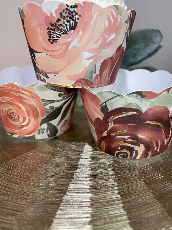 Terracotta, Burgundy, Eucalyptus gold foil brushed Wrappers, Rustic Cupcake Wrappers, Wedding Cupcake Wrappers, Floral Cupcake Wrapper,