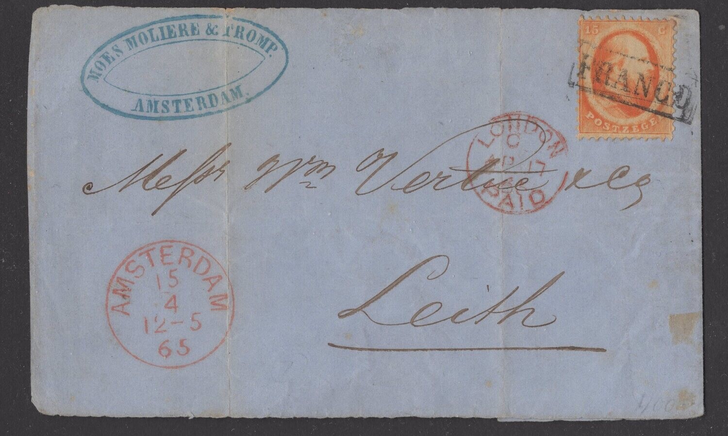 Enkelfrankering Nvph 6 op briefvoorzijde van Amsterdam naar Leith (UK)