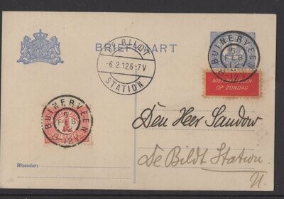 BUINERVEEN (2x) op nvph 51 en nvph 53 briefkaart met tevens niet bestellen op zondag en bk naar De Bildt Station