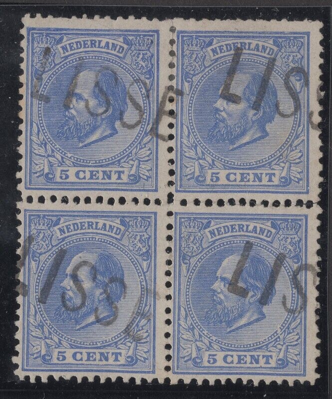 Nvph 19 in blok van 4 met distributiekantoorstempel LISSE