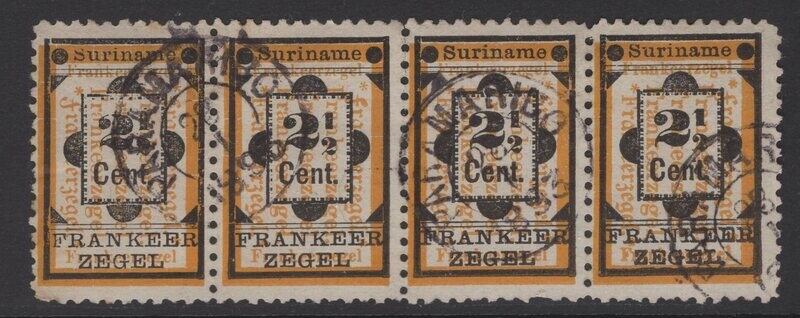 Kleinrond Paramaribo op nvph 22 + 22a in 4-strip