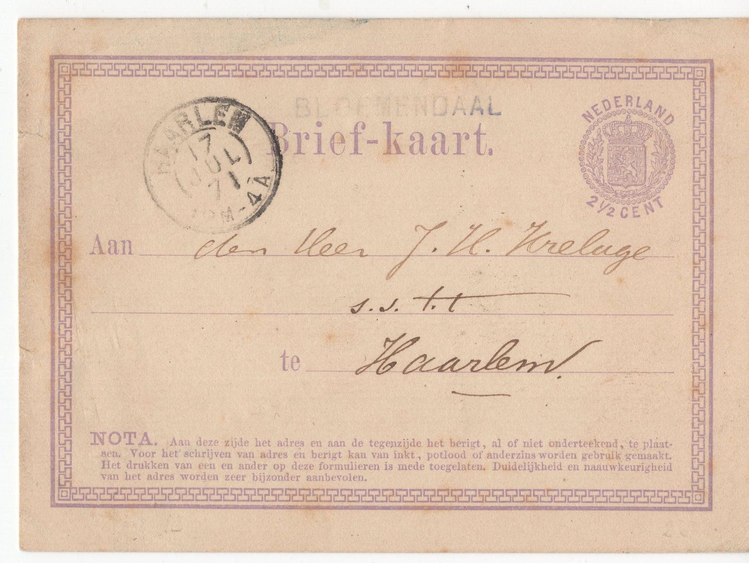 Bloemendaal en 2-letter Haarlem op briefkaart