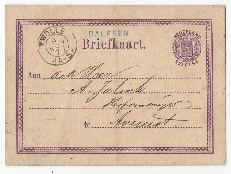 Langstempel Dalfsen en 2-letter Zwolle op briefkaart