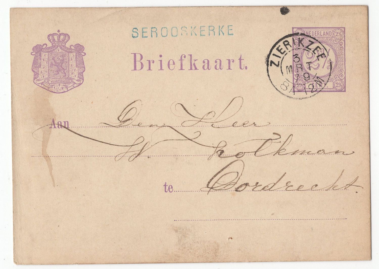 Langstempel Serooskerke via Zierikzee naar Dordrecht