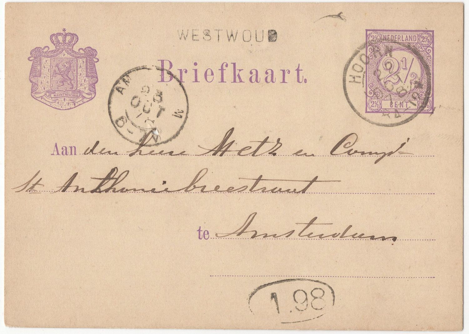 Langstempel Westwoud via Hoorn naar Amsterdam