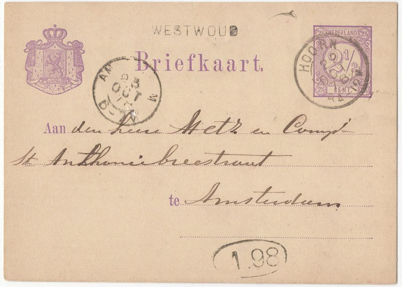 Langstempel Westwoud via Hoorn naar Amsterdam