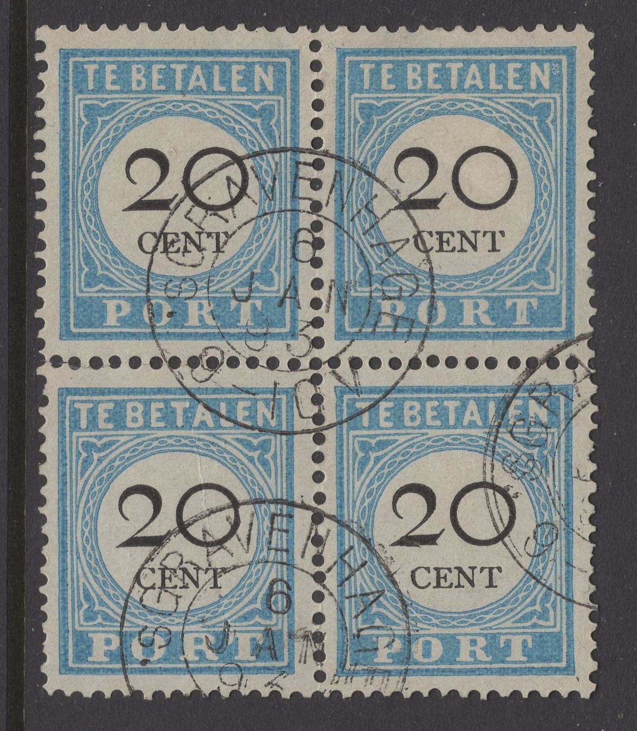 'sGravenhage (3x) op nvph P10A (I,I,IV,III) in blok van 4