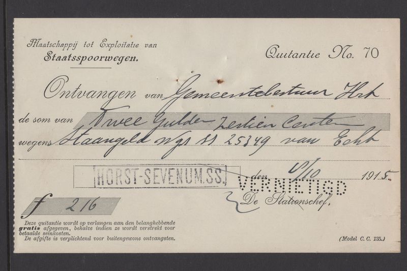 Horst-Sevenum Staatsspoor afdruk op kwitantie
