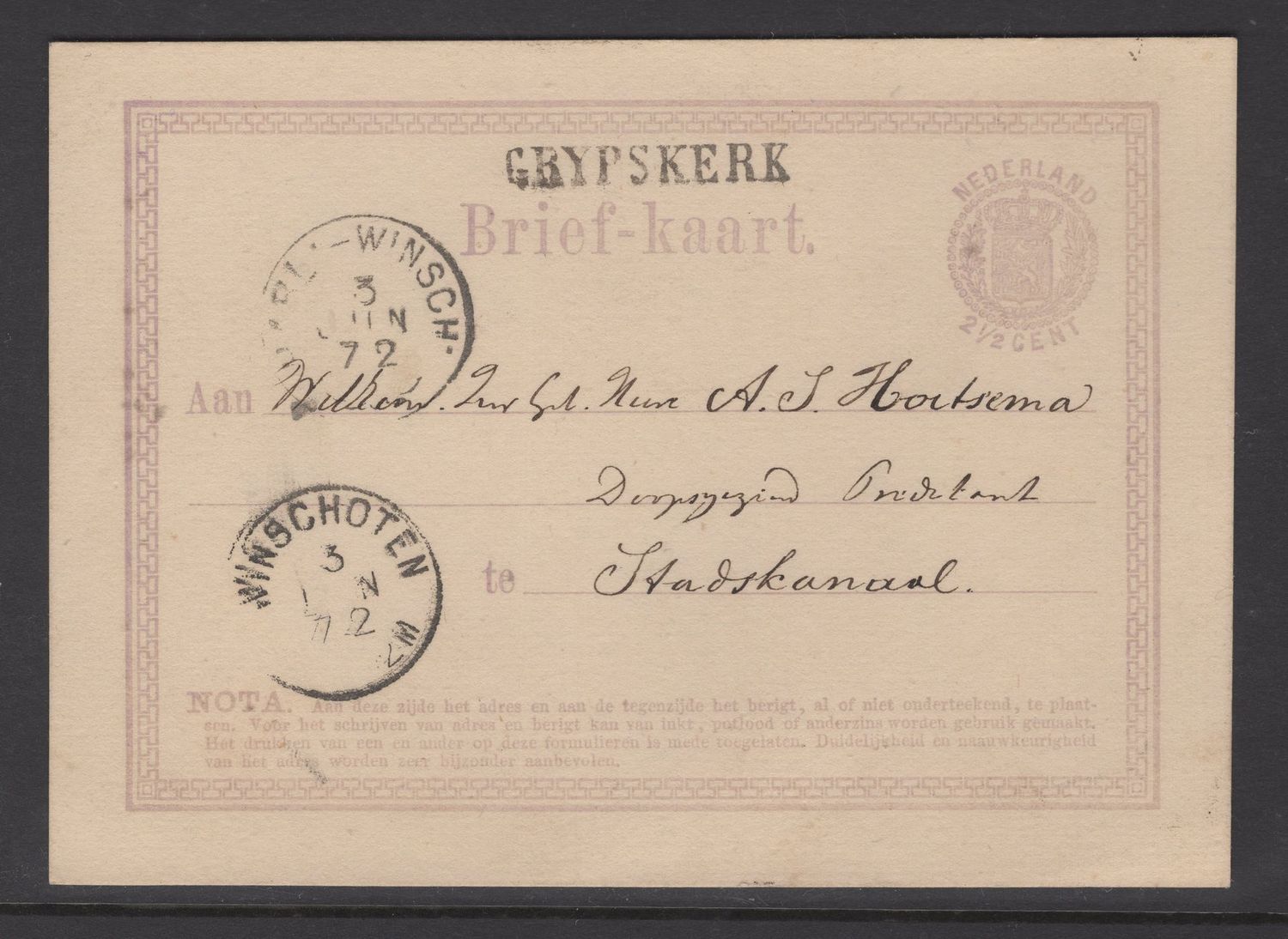 Briefkaart van GRYPSKERK naar Stadskanaal (1872) Briefkaart van GRYPSKERK naar Stadskanaal (1872)
