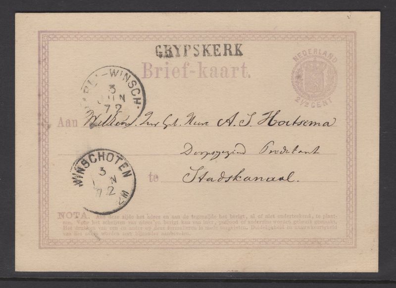 Briefkaart van GRYPSKERK naar Stadskanaal (1872)