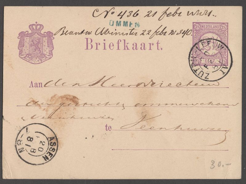 Zutph:-Leeuw: IV op 1876 briefkaart + Ommen in groen