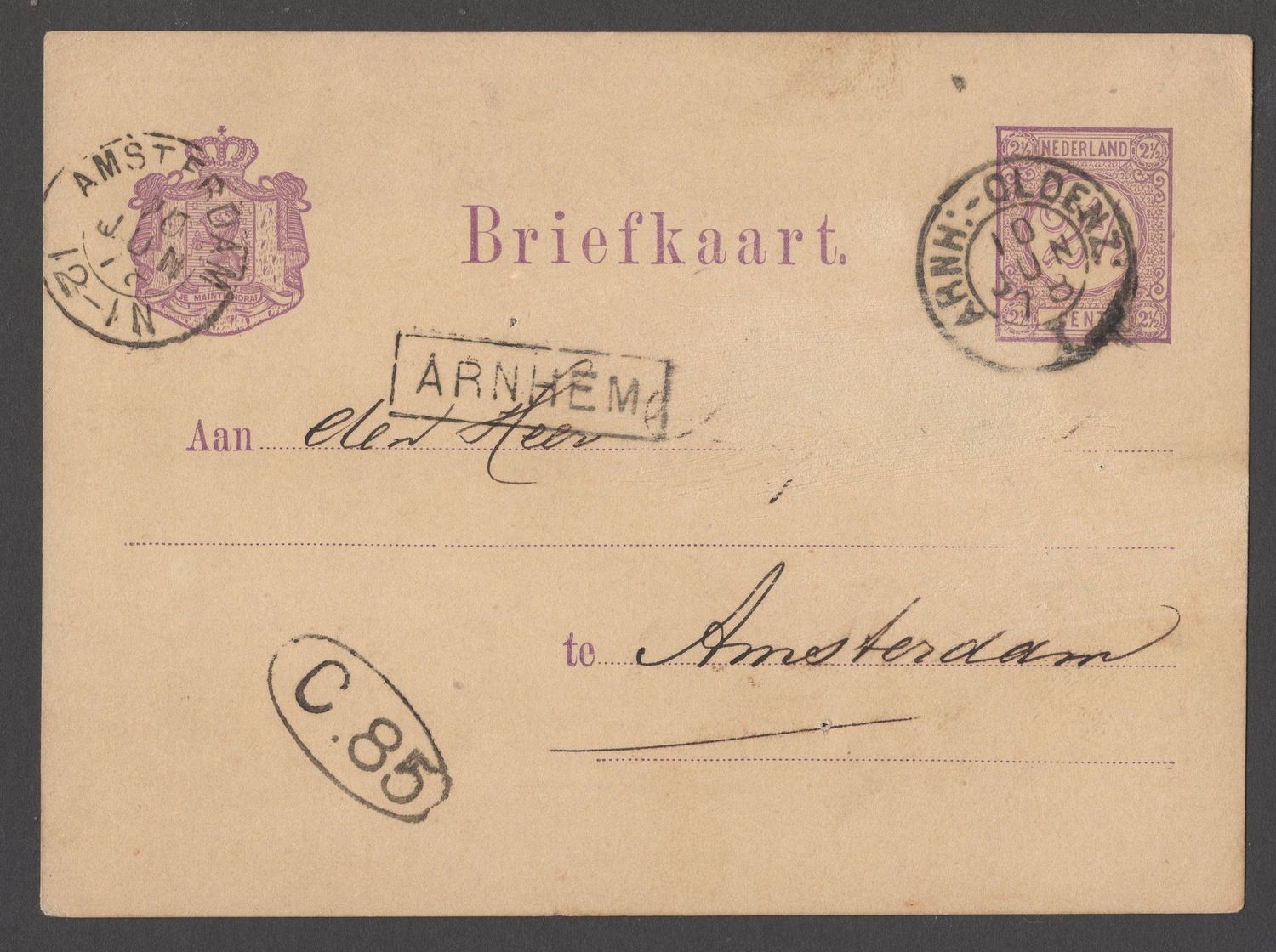 Arnh:-Oldenz: I op 1876 briefkaart + Haltestempel Arnhem Arnh:-Oldenz: I op 1876 briefkaart + Haltestempel Arnhem