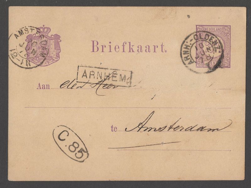 Arnh:-Oldenz: I op 1876 briefkaart + Haltestempel Arnhem