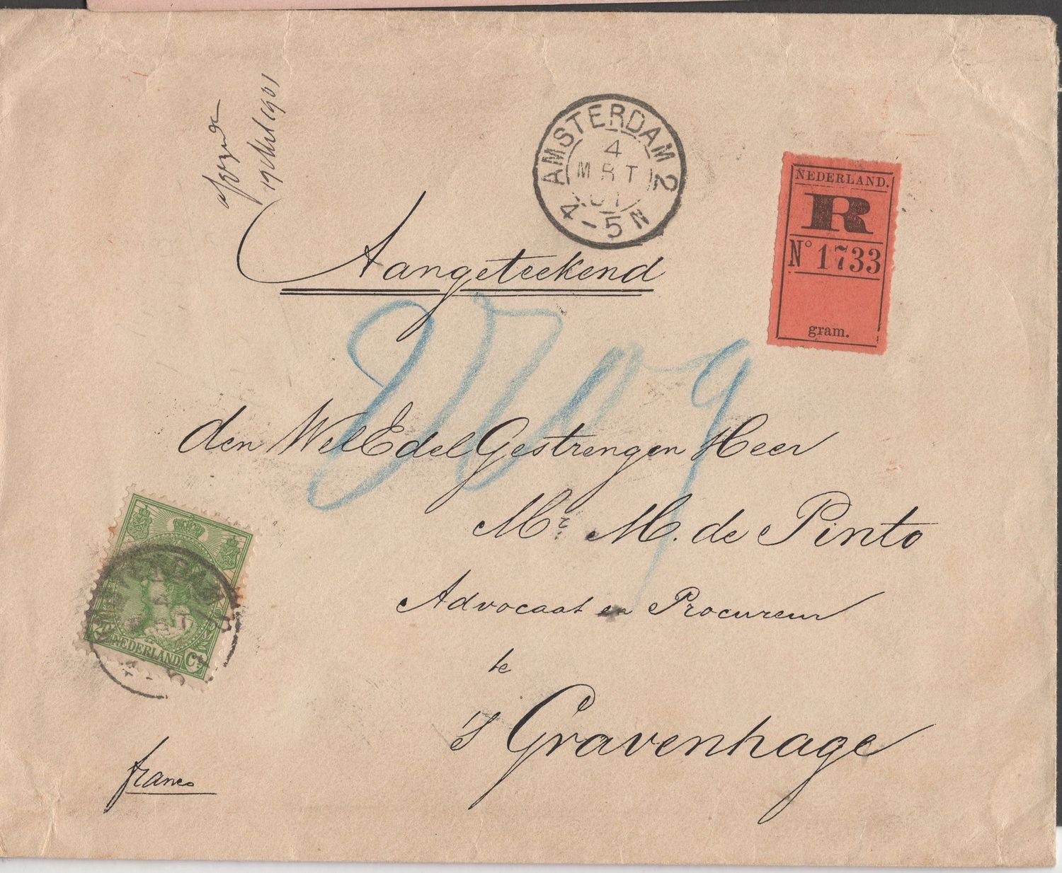 Amsterdam 2 op nvph 68 op aangetekende brief