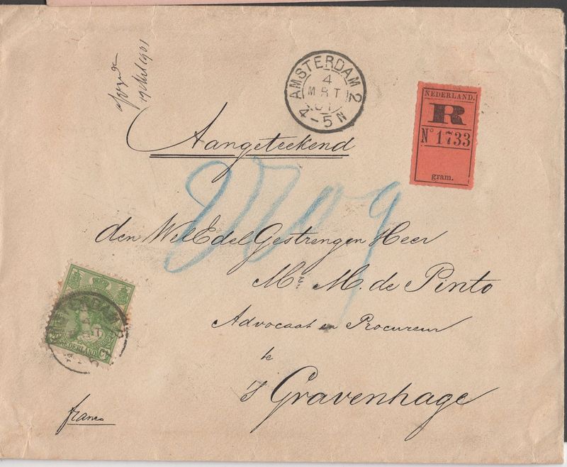 Amsterdam 2 op nvph 68 op aangetekende brief