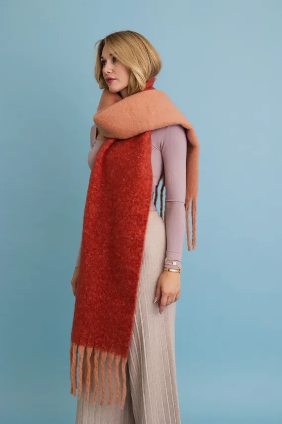 Cozy Solid Two Tone Oversized Tassel Scarf, Colors: Rust/Peach