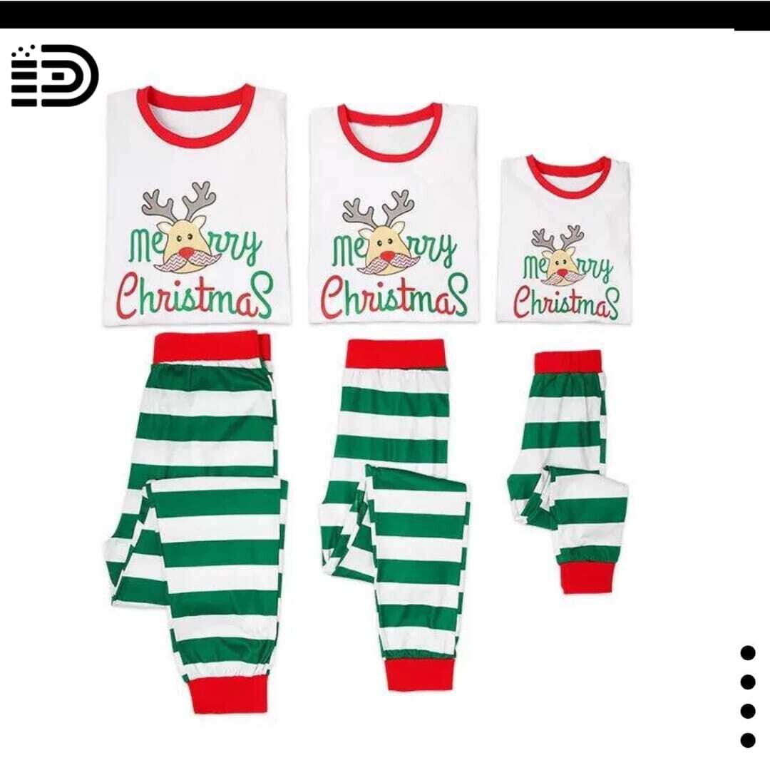 Matching Family Christmas Pajamas Set – Long Sleeve White Top with Merry Christmas - Red, White and Green with Reindeer Face. Bottom – Green and White Stripe Bottom with Red Trim