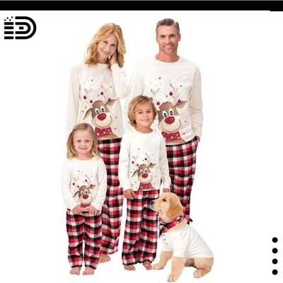 Matching Family Christmas Pajamas Set – Cream Long Sleeve Top with Red Nose Reindeer and plaid bottom (Red, white and Black Plaid Bottom)