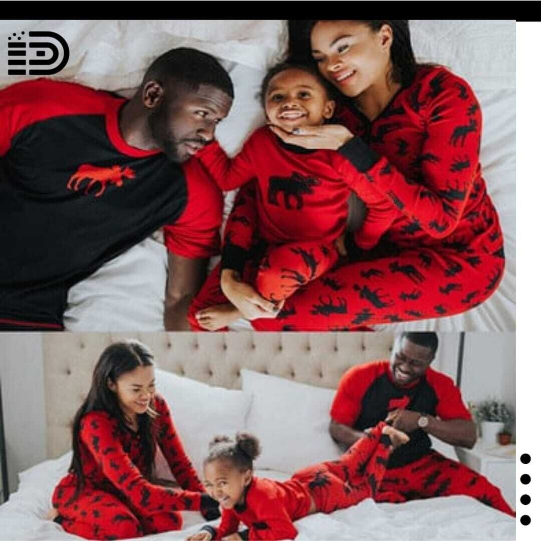 Matching Family Christmas Pajamas Sets - Full Red Long sleeve Top with Reindeer and Red Bottom with Black Reindeer Pattern/ (Male Top- Full Black with Red Reindeer and Red Short Short Sleeve)