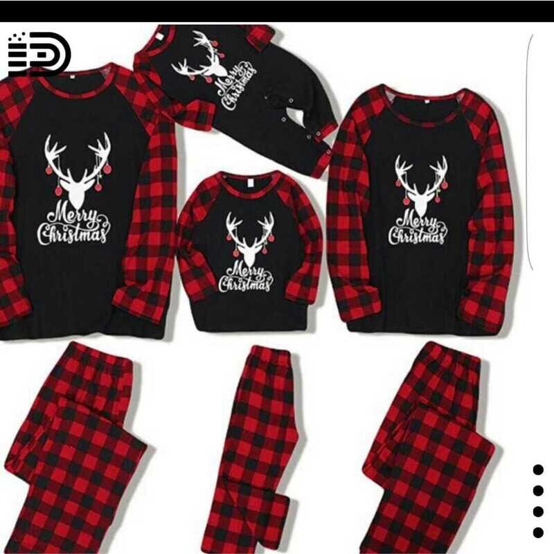 Matching Family Christmas Pajamas Sets with Merry Christmas with White Antler and Buffalo Plaid  Long Sleeve Tee. Buffalo Plaid Long Pants