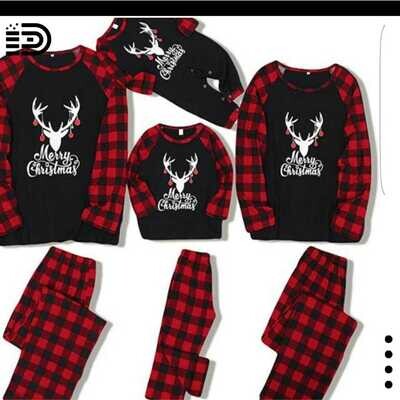 Matching Family Christmas Pajamas Sets with Merry Christmas with White Antler and Buffalo Plaid Long Sleeve Tee. Buffalo Plaid Long Pants