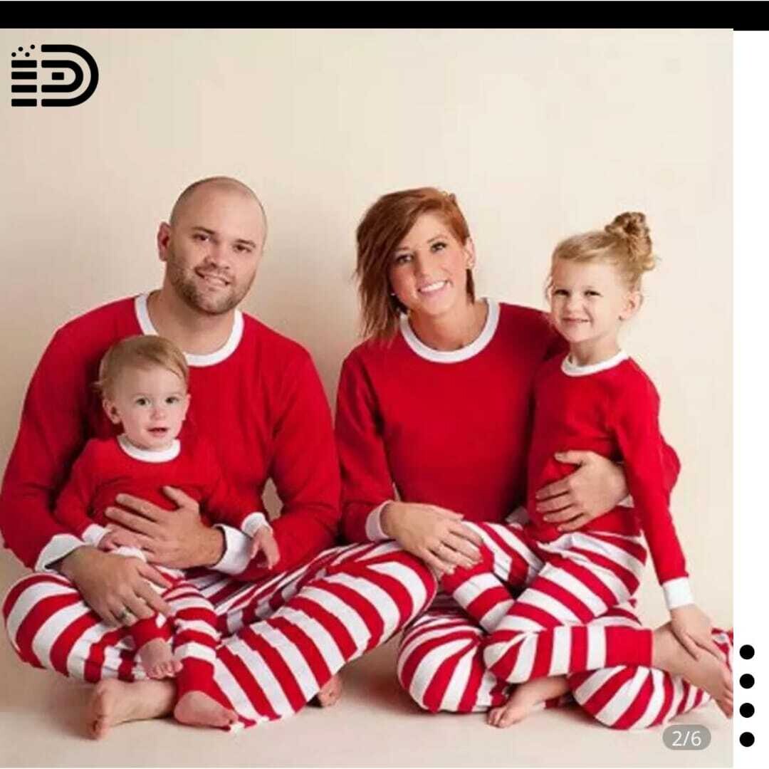 Matching Family Christmas Pajamas Set – Long Sleeve Plain Red Top with White Trim. Red and White Stripe Pants with Red Trim