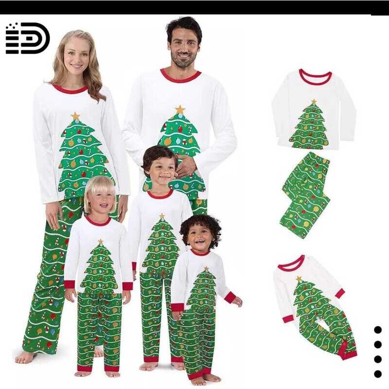 Matching Family Christmas Pajamas Set – Long Sleeve White Top  with Green Christmas Tree on Front /Green Long Pants with Red Trim